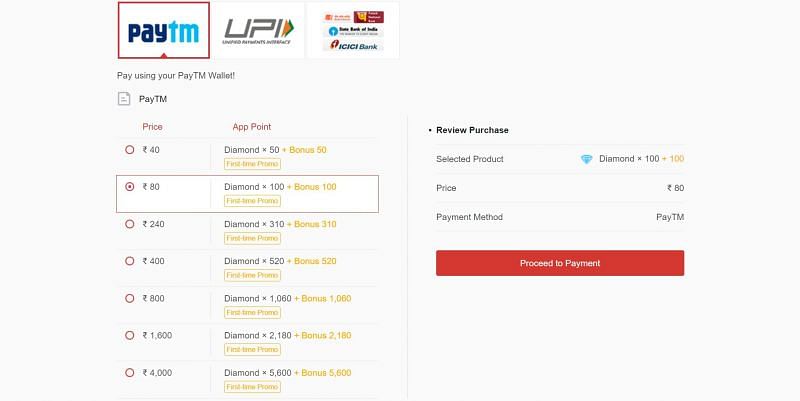 Select the desired diamond top up and then click proceed to payment (Image via Games Kharido)