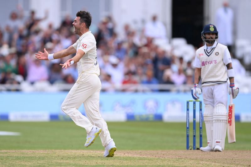 James Anderson celebrates the wicket of Virat Kohli on Day Two