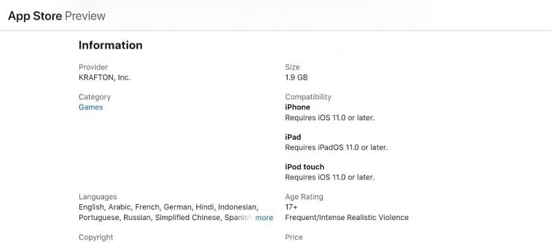 BGMI system requirements on the iOS (Image via BGMI/App Store)