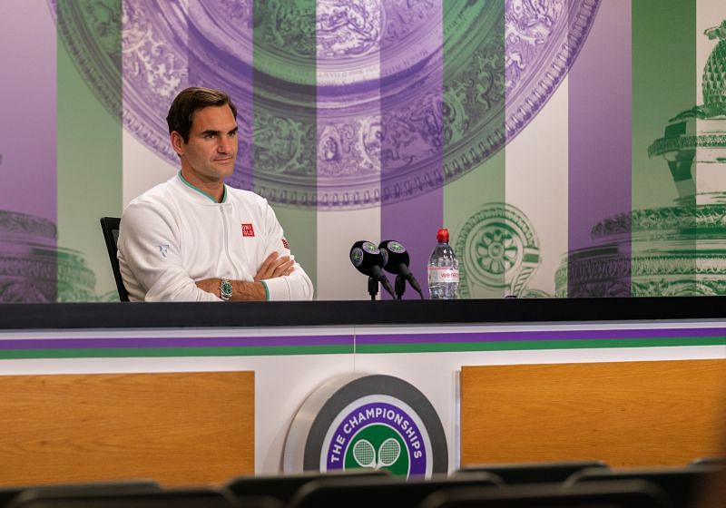 Roger Federer attends the press conference after losing his quarter-final match against Hubert Hurkacz at The Championships - Wimbledon 2021 on July 07, 2021 in London, England