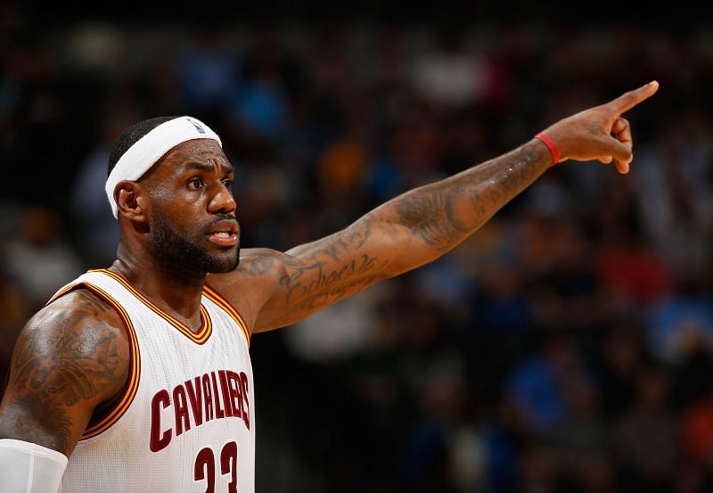 LeBron James #23 leads his team against the Denver Nuggets.