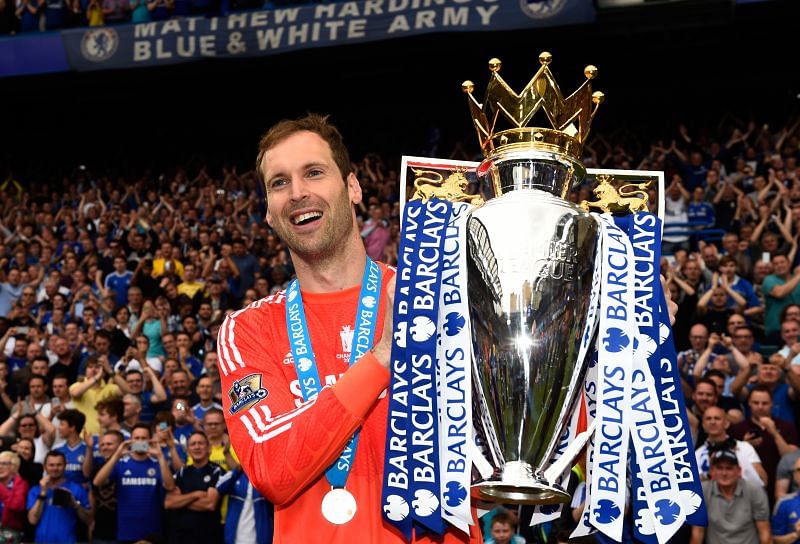 Petr Cech celebrating with the Premier League trophy