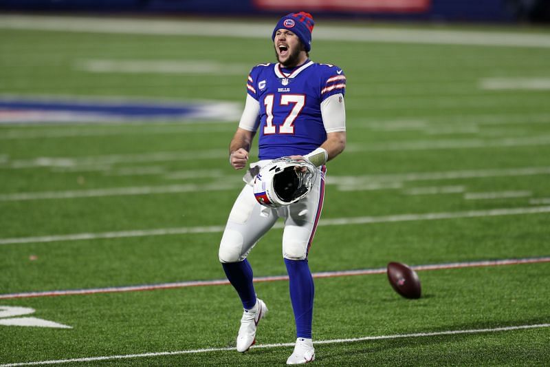 Buffalo Bills QB Josh Allen celebrates after a big win in last year&#039;s playoff game.