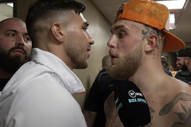 Tommy Fury confronting Jake Paul backstage after their respective fights