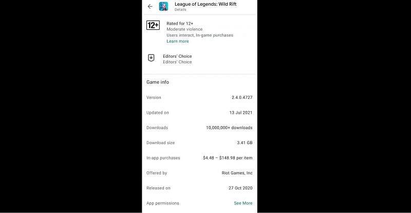 League of Legends Wild Rift&#039;s download size on the Play Store (Image via Google Play Store)