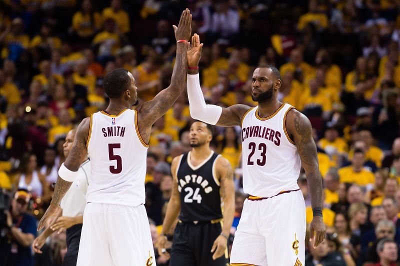 JR Smith (#5) of the Cleveland Cavaliers celebrates with LeBron James (#23)