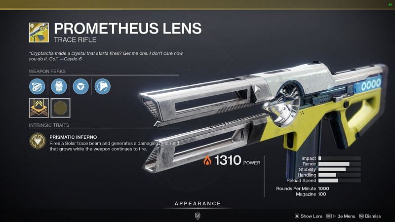 Prometheus Lens Exotic trace rifle (Image via Destiny 2)