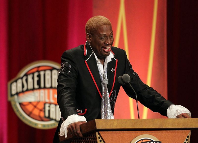 Dennis Rodman gestures during the Basketball Hall of Fame Enshrinement Ceremony