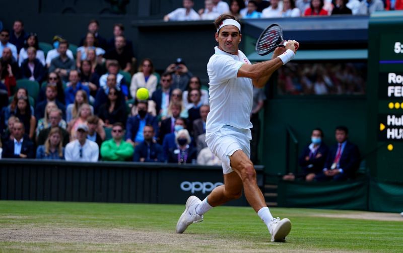 Roger Federer in action at Wimbledon 2021