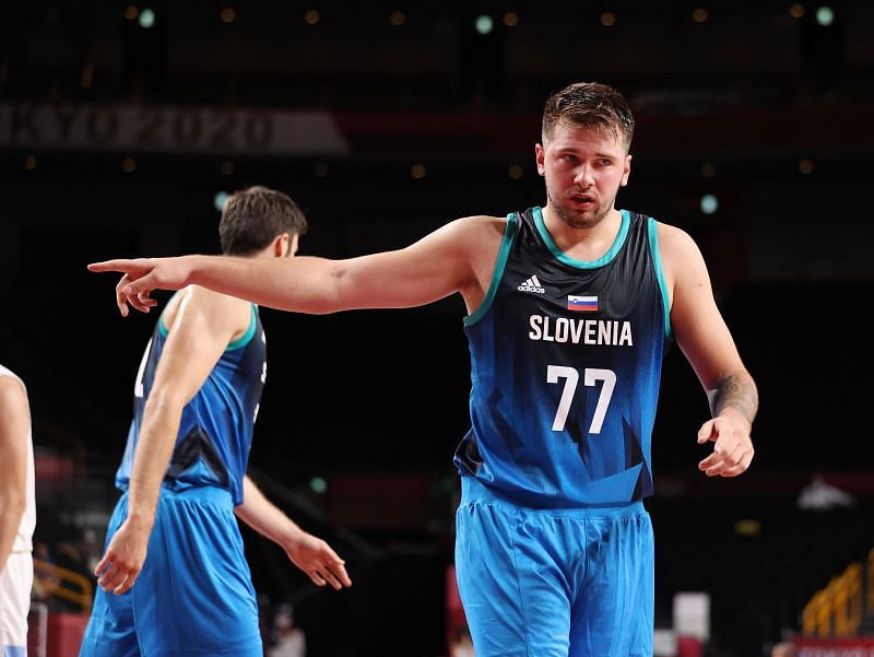 Luka Doncic #77 of Team Slovenia in action at the Olympics