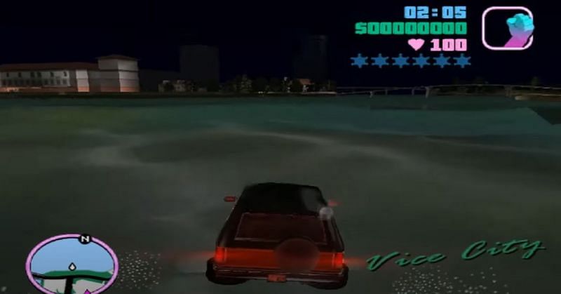 A car hovering over water in GTA Vice City (Image via Rockstar Games)