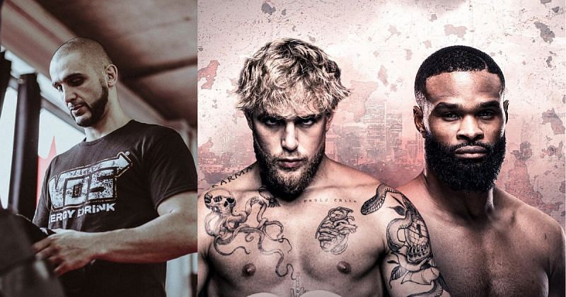 Firas Zahabi (left) and Jake Paul vs Tyron Woodley official poster (right) [images courtesy: @firas_zahabi and @jakepaul via Instagram]