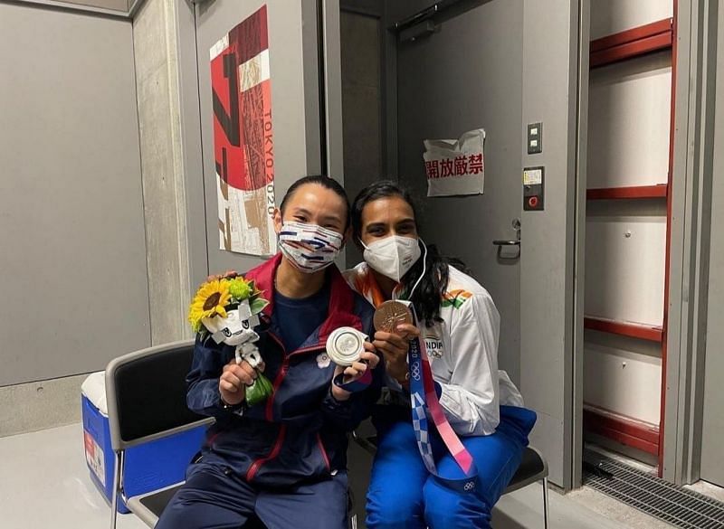 PV Sindhu and Tai Tzu-ying with their Tokyo Olympics medals.