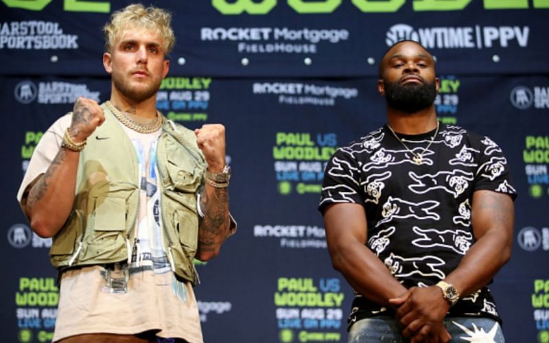  Tyron Woodley (right) is expected to be Jake Paul&rsquo;s (left) most dangerous opponent so far