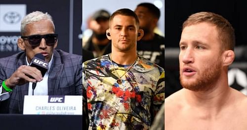 Charles Oliveira (left); Dustin Poirier (center); Justin Gaethje (right)