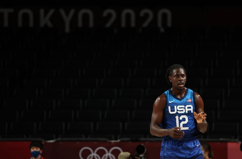 Jrue Holiday reacts during the United States&#039; Men&#039;s Basketball quarterfinal against Spain