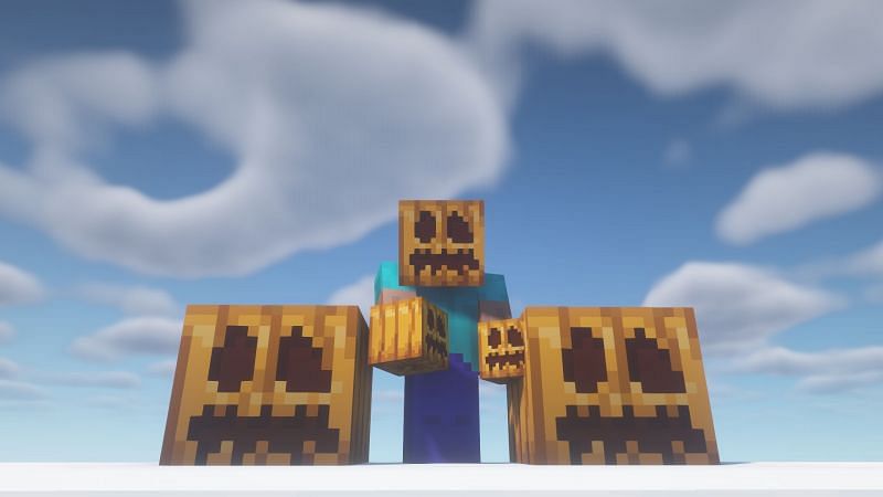 Steve with carved pumpkins (Image via Minecraft)