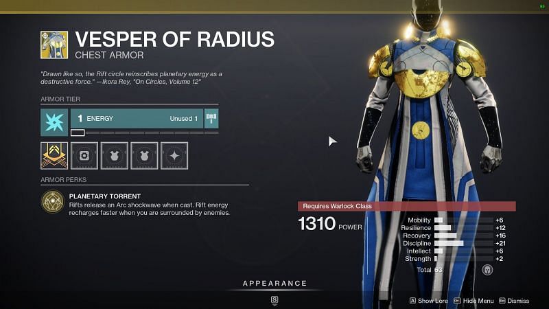 Vesper of Radius Warlock Exotic chest armor (Image via Destiny 2)