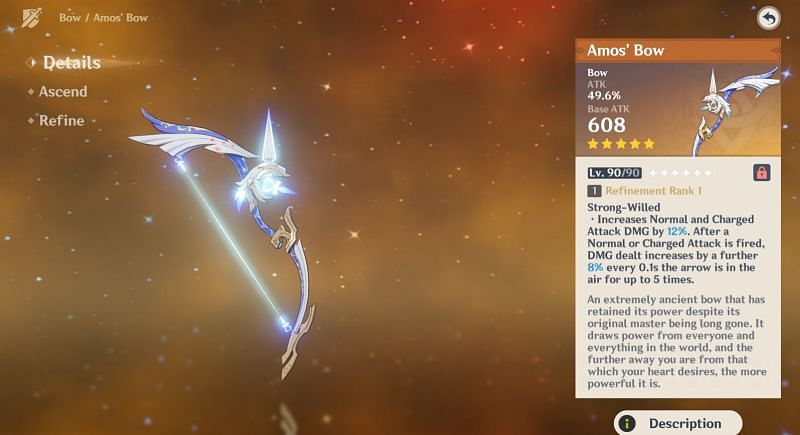 Amos&#039; Bow description (Image via Genshin Impact)