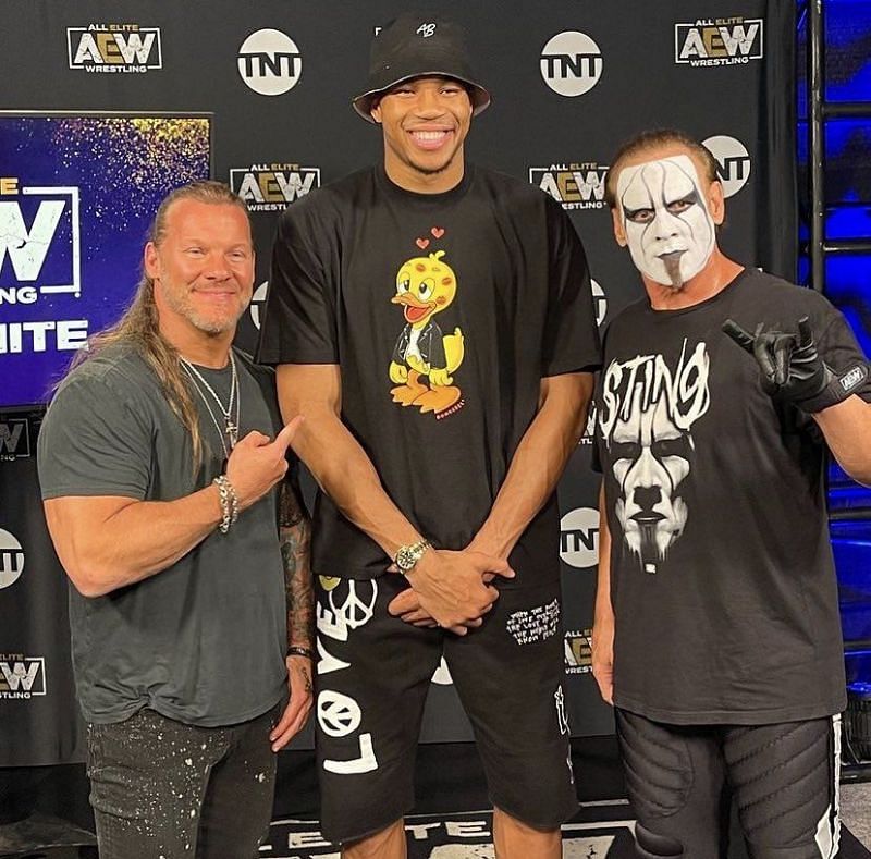 Giannis Antetokounmpo backstage at Dynamite with Chris Jericho and Sting
