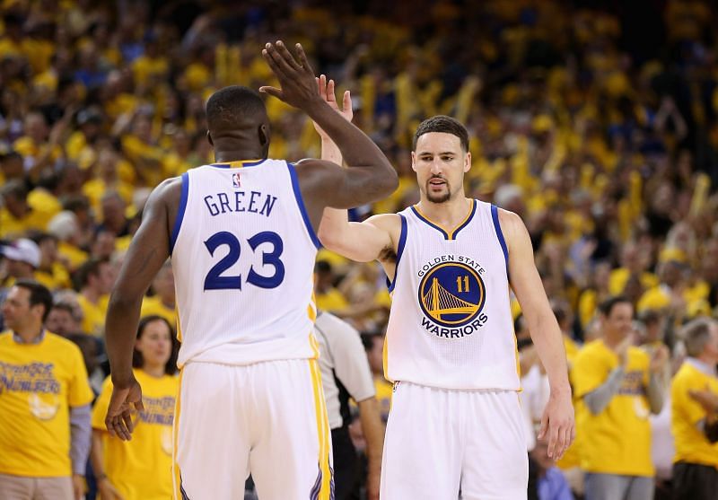 Klay Thompson and Draymond Green of the Golden State Warriors