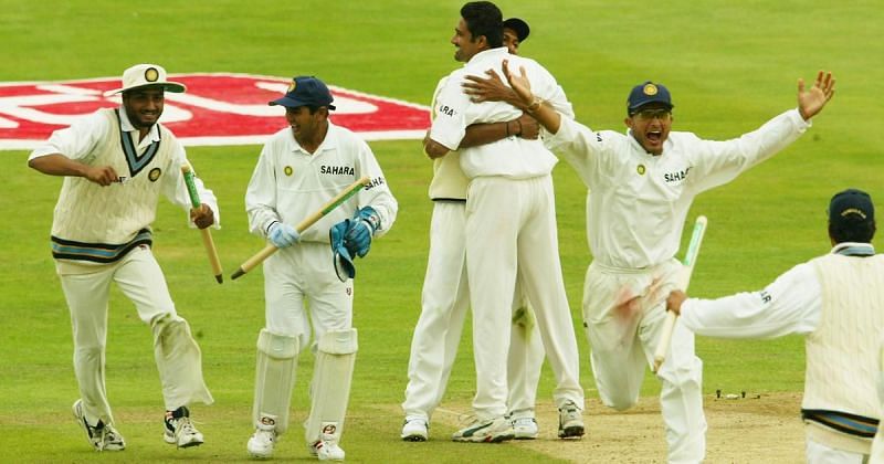 Indian players celebrating their Test win at Headingley, Leeds in 2002