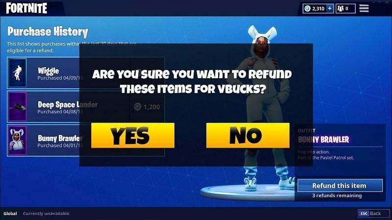 Refund tickets can only be used three times on items purchased recently. This will give players V-Bucks back. Image via Epic Games