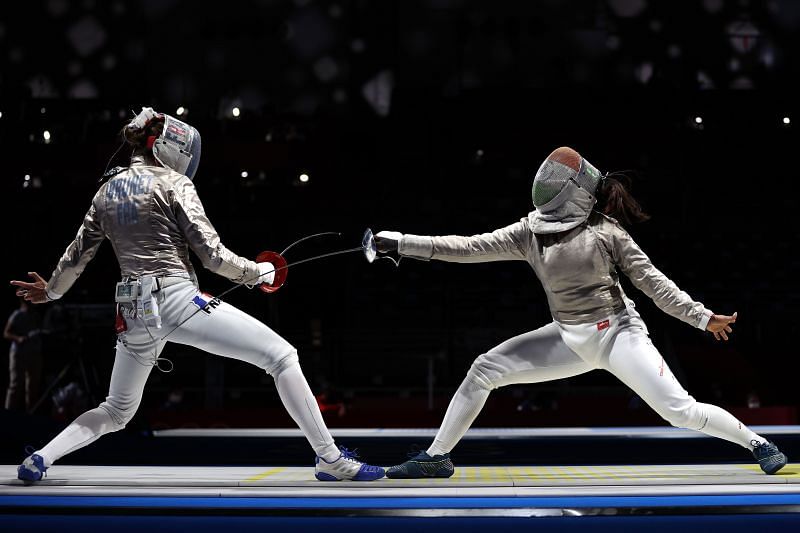 Bhavani Devi (right) in action aganist Manon Brunet at the Tokyo Olympics.