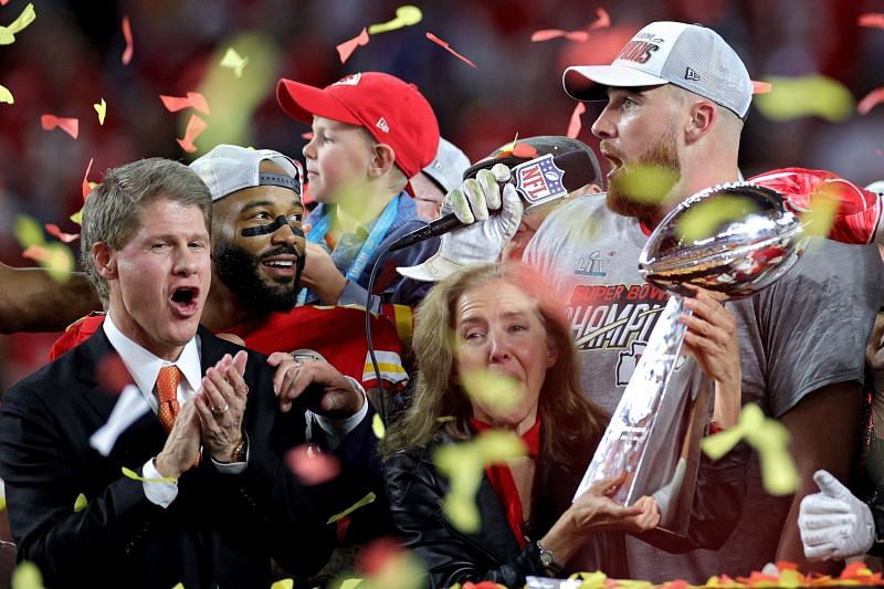 Super Bowl LIV - Norma Hunt holding Lombardi