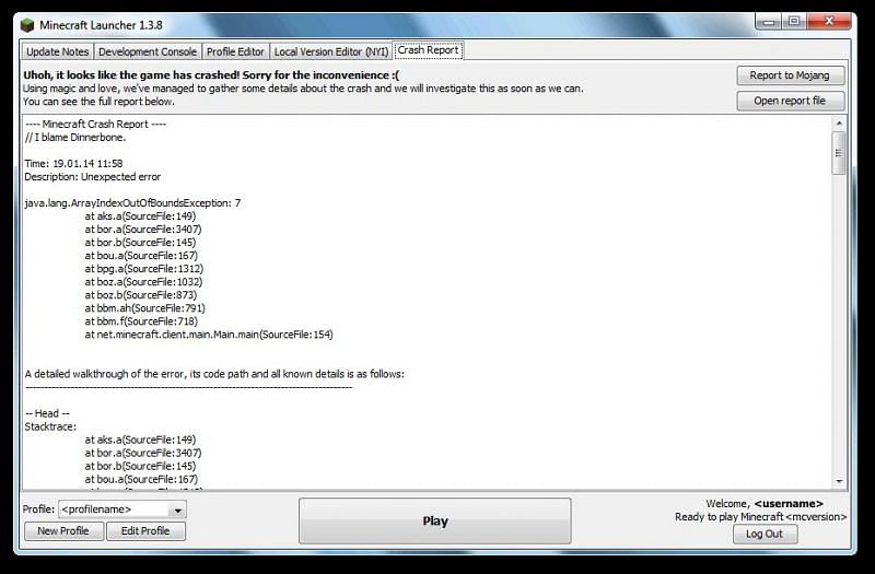 Minecraft crash report that says &quot;I blame Dinnerbone.&quot; (Image via Minecraft)