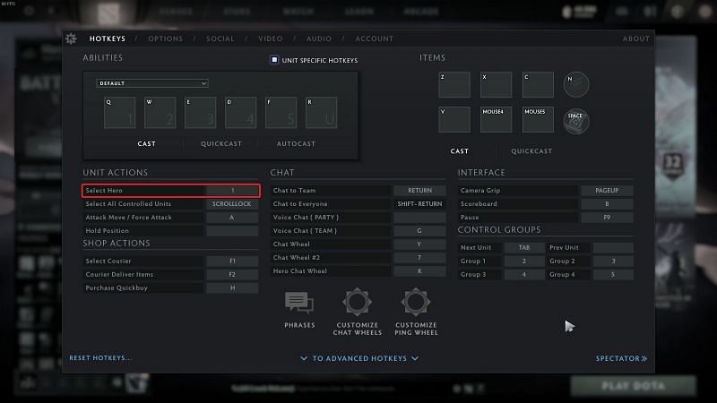 The &#039;select hero hotkey&#039; in Dota 2 (Image via Valve)