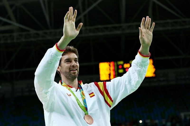 Bronze Medalist Pau Gasol of Spain stands on the podium on Day 16 of the Rio 2016 Olympics.