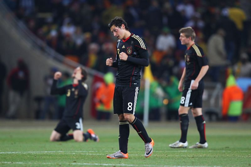 Mesut Ozil (centre) reacts during the 2010 FIFA World Cup.