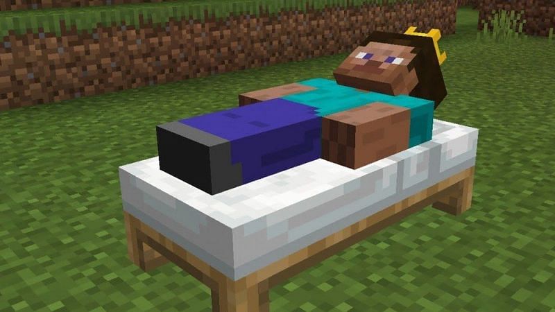Steve saving spawn by sleeping in a bed (Image via Minecraft)