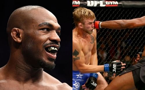 Jon Jones (left); Alexander Gustafsson getting eye-poked by Jones in their first fight (right)