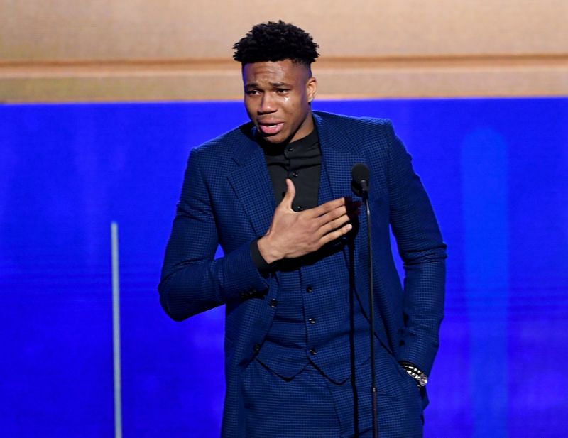 Giannis Antetokounmpo accepts the Kia NBA Most Valuable Player award onstage during the 2019 NBA Awards.