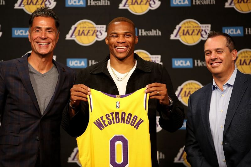 General manager Rob Pelinka, Russell Westbrook #0 and head coach Frank Vogel.