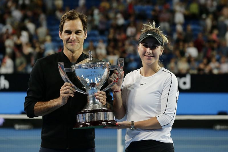 Roger Federer and Belinda Bencic with the Hopman on January 05, 2019 in Perth, Australia