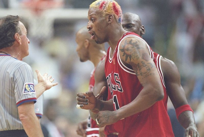 Dennis Rodman argues with an official