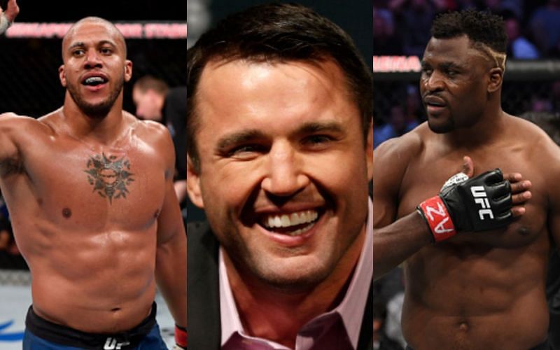 Ciryl Gane (left); Chael Sonnen (center) and Francis Ngannou (right)