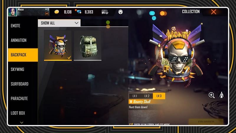 Players can display backpack in the Lobby and Clash Squad mode (image via Free Fire)