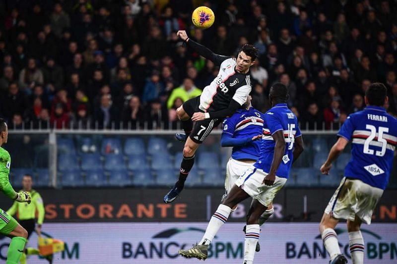 Cristiano Ronaldo rises above the Sampdoria defenders to score a thumping header for Juventus