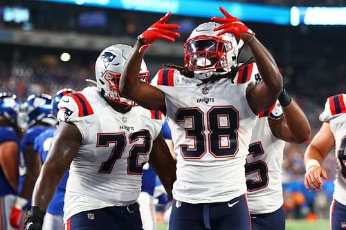 Rhamondre Stevenson (#38) of the New England Patriots v New York Giants