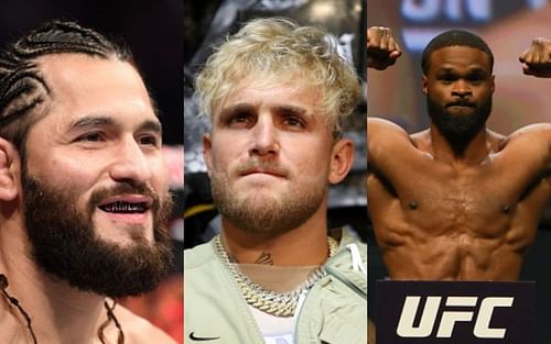 Jorge Masvidal (left); Jake Paul (center) and Tyron Woodley (right)