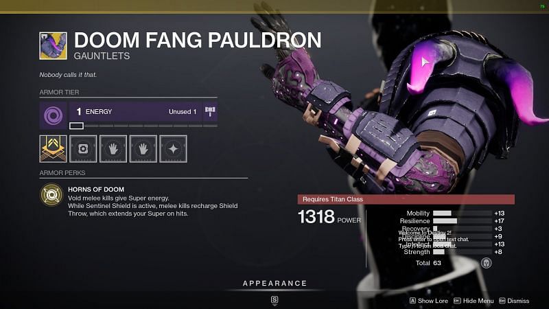 Titan exotic gauntlet, Doom Fang Pauldron (Image via Bungie)