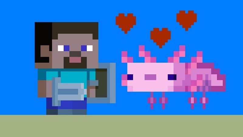 Axolotl becoming bestfriends with Steve (Image via Minecraft)