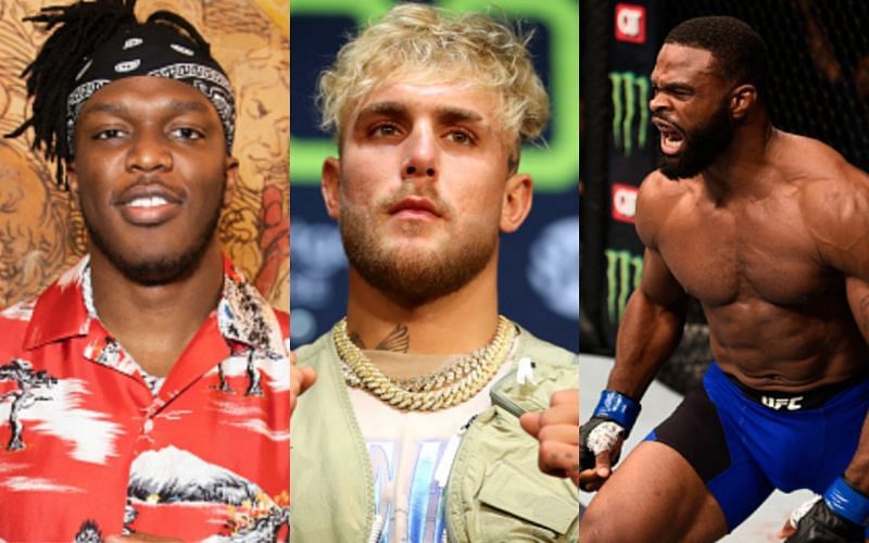 KSI (left); Jake Paul (center); Tyron Woodley (right)