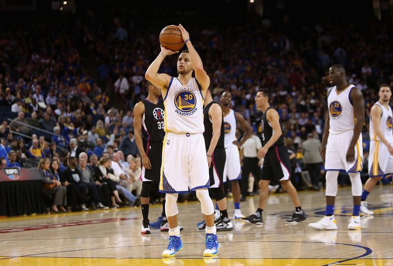 Stephen Curry #30 of the Golden State Warriors shoots a free throw.