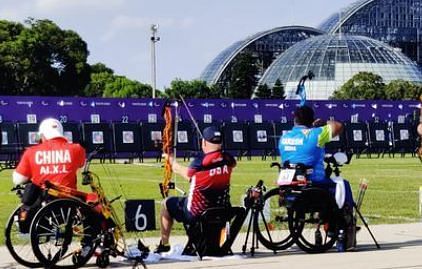 Rakesh Kumar in action during the men&#039;s individual compound archery event
