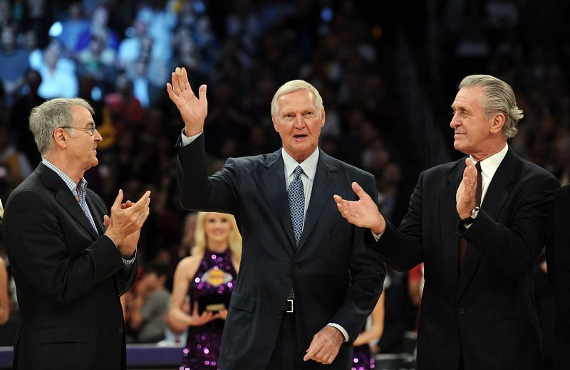 Jerry West, Pat Riley and Gail Goodrich, all members of the 1972 Lakers title-winning team